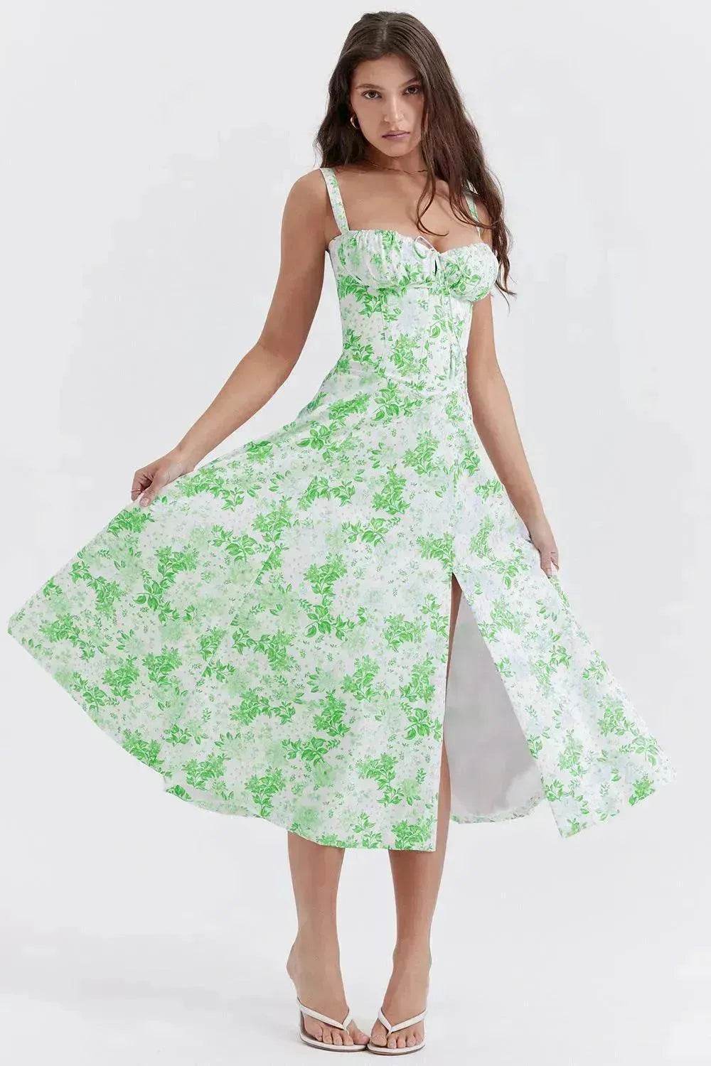 New Spring Summer Floral Midi Dress Spaghetti Strap Slit Midi Flared Gown - EX-STOCK Canada