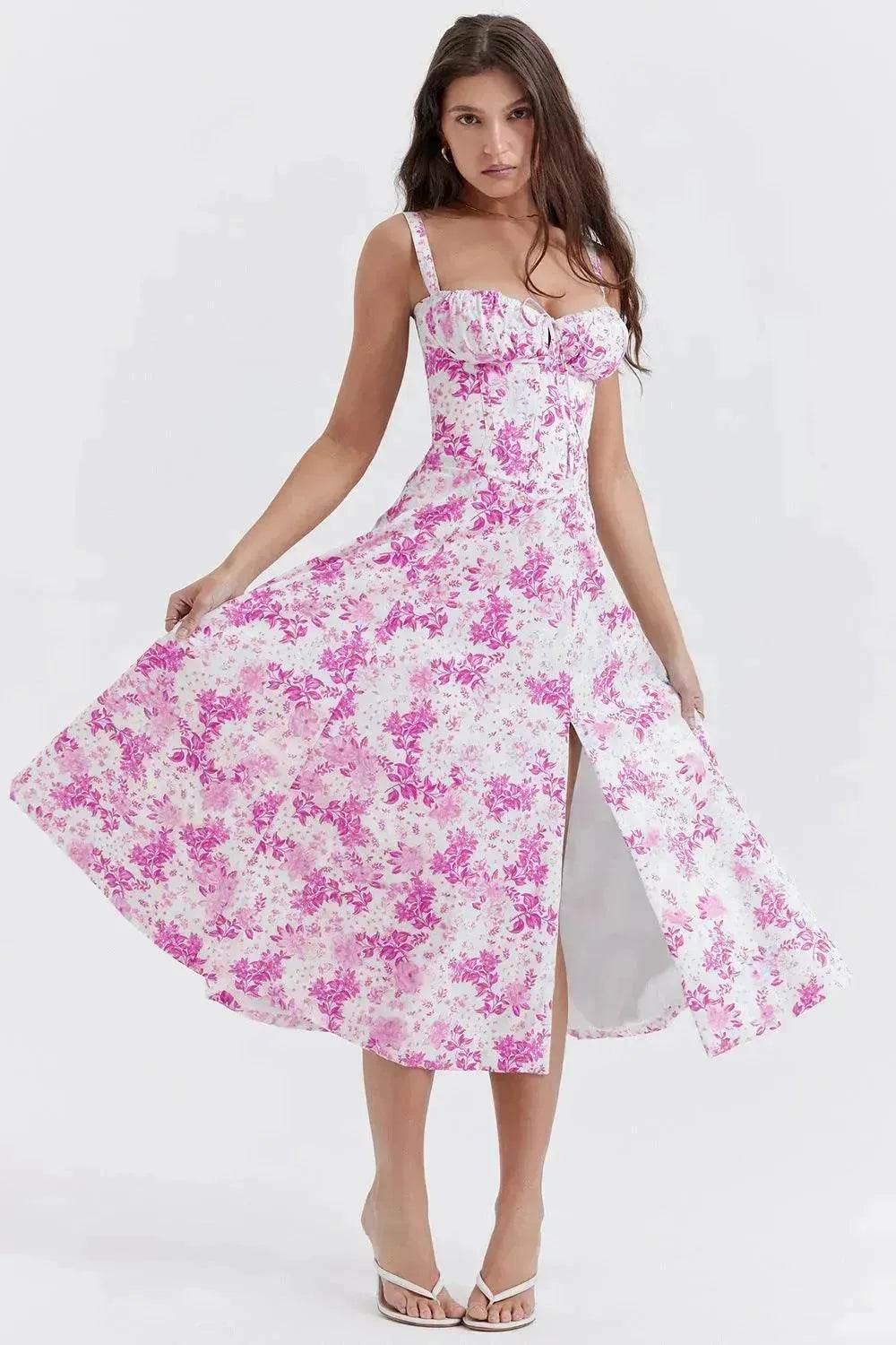 New Spring Summer Floral Midi Dress Spaghetti Strap Slit Midi Flared Gown - EX-STOCK Canada