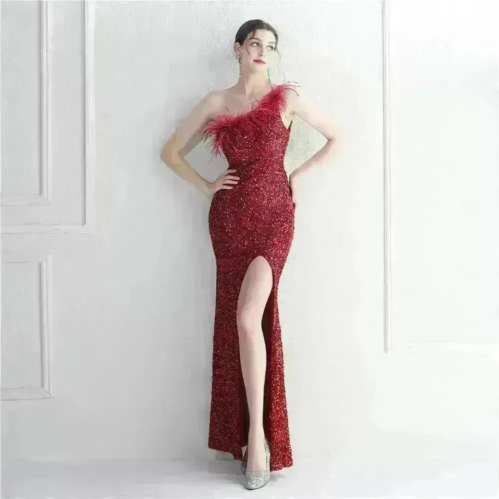 Ostrich Feather Off-shoulder Collar Sequined Dress Long Evening Gown - EX-STOCK CANADA
