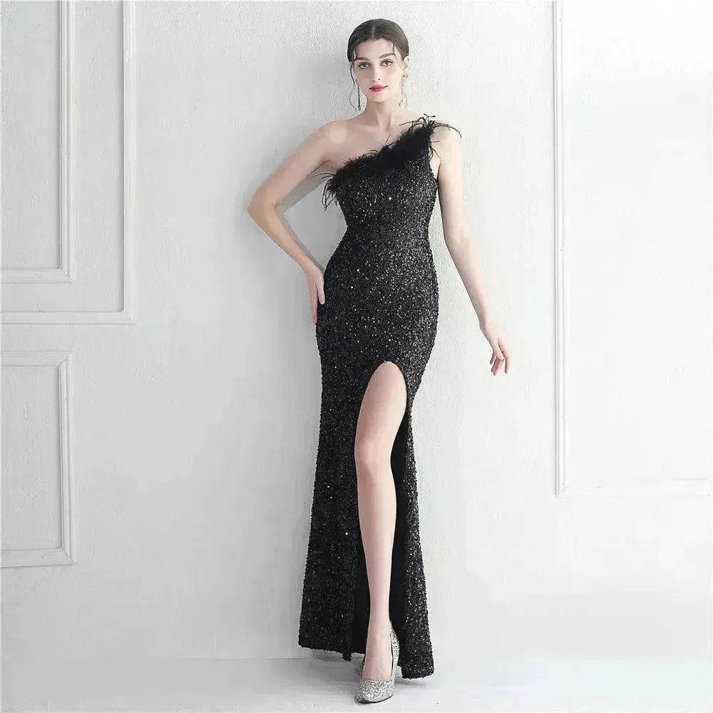 Ostrich Feather Off-shoulder Collar Sequined Dress Long Evening Gown - EX-STOCK Canada