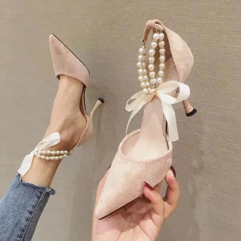 Pearl Ankle Strap High Heels Trendy Pointed Toe Stiletto Shoes - EX-STOCK Canada