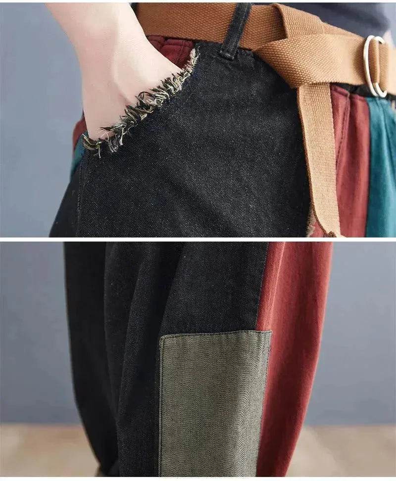 Personality Contrast Color Stitching Denim Trousers For Women - EX-STOCK Canada