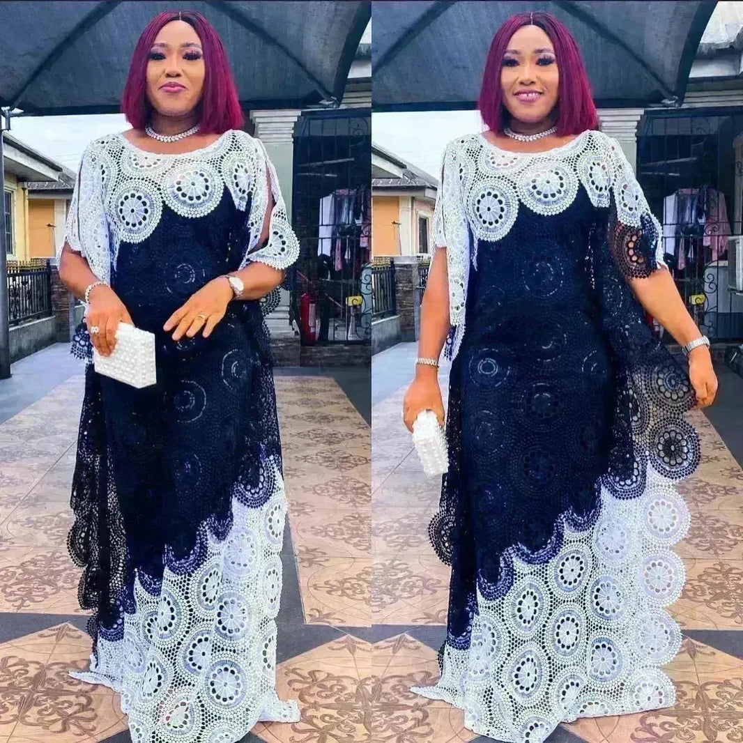 Plus Size Embroidered Lace Loose Multicolor Bat Sleeve Gown Dress - EX-STOCK CANADA