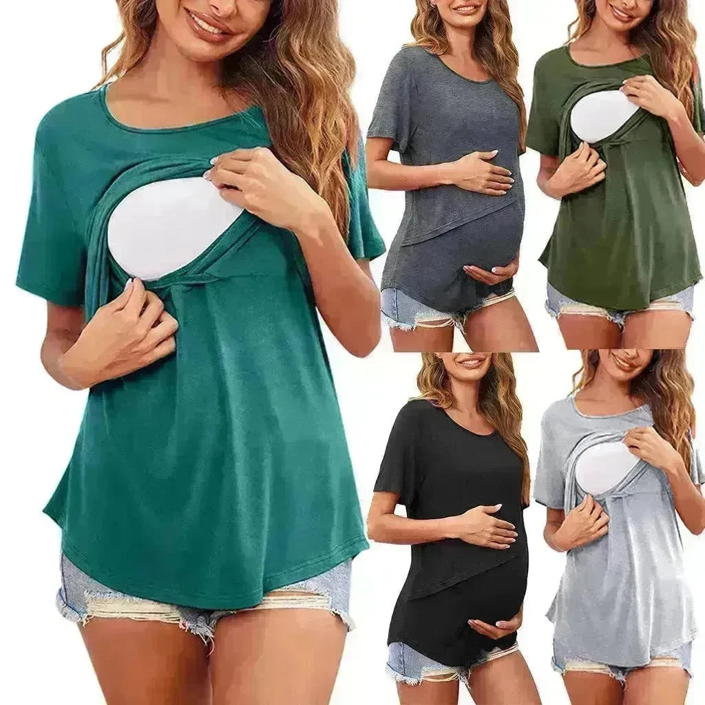 Pregnant Women Solid Color Round Neck Short Sleeves Breastfeeding Postpartum Nursing Top T-shirt - EX-STOCK CANADA