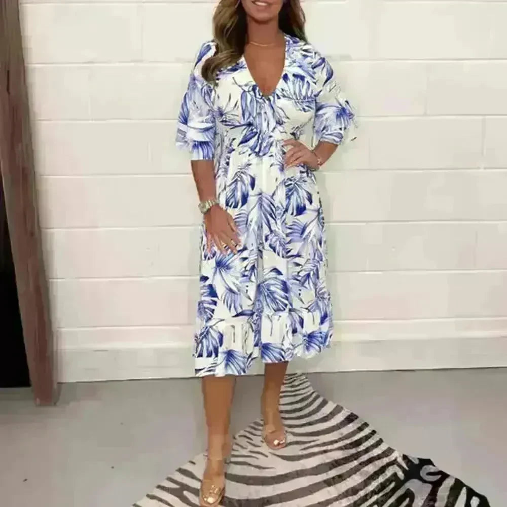 Printed Casual V-neck Long-sleeve Dress Women - EX-STOCK CANADA