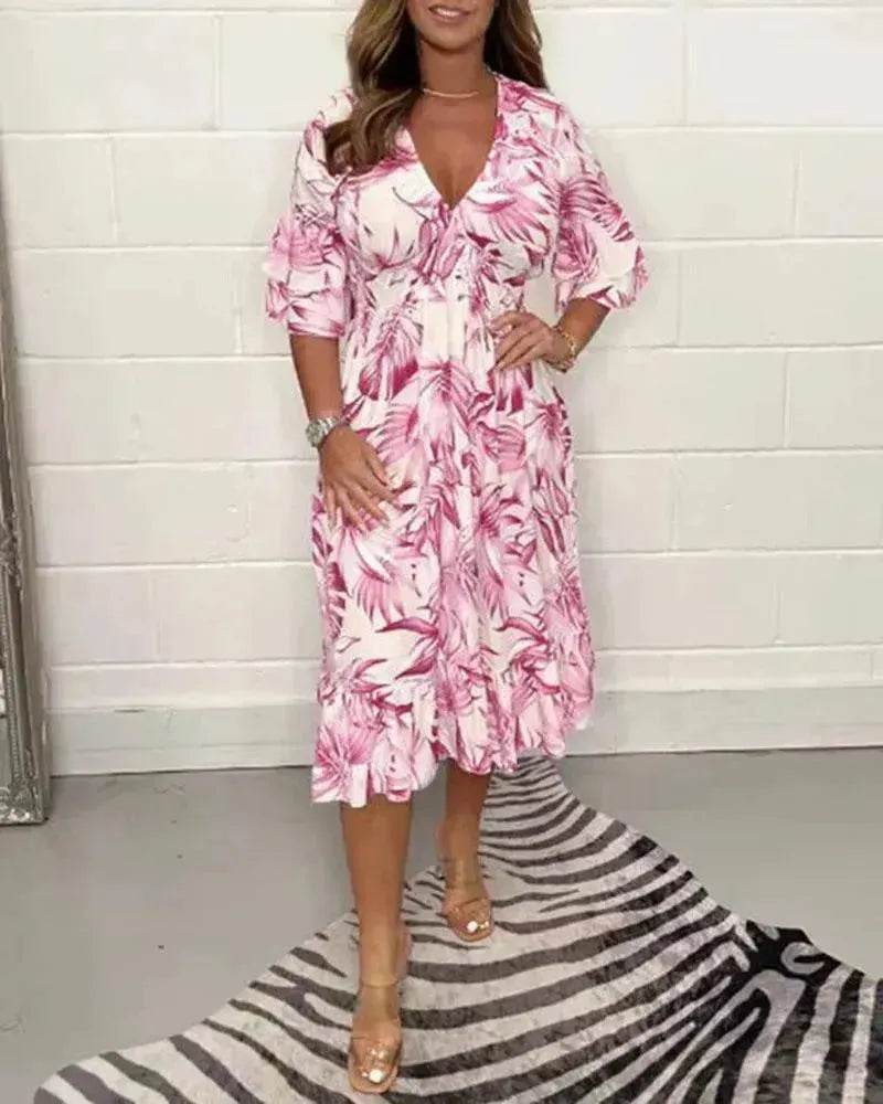 Printed Casual V-neck Long-sleeve Dress Women - EX-STOCK Canada