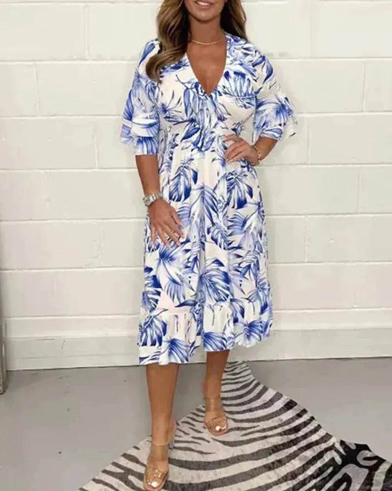 Printed Casual V-neck Long-sleeve Dress Women - EX-STOCK Canada