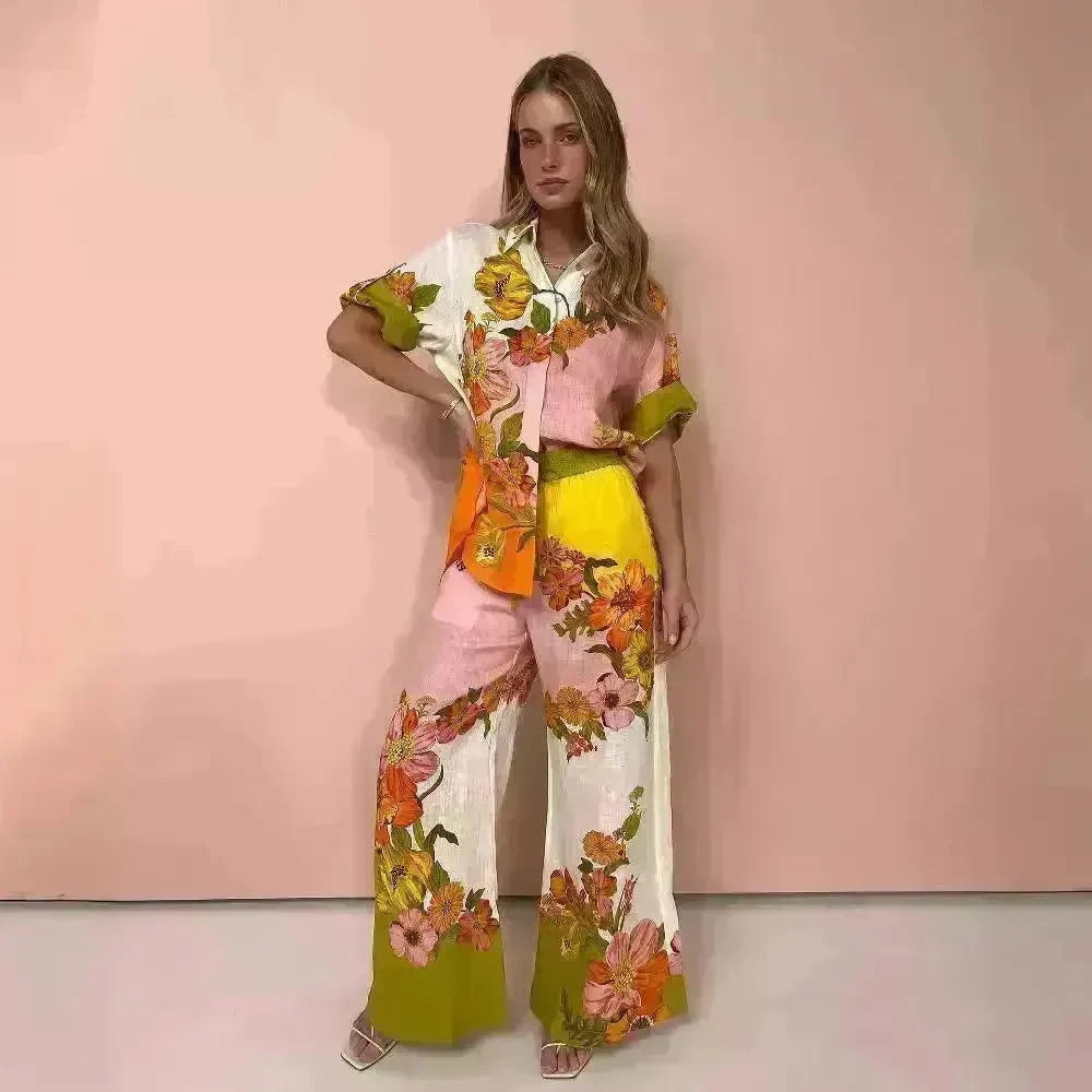Printed Cotton And Linen Two-piece Suit Outfit Top Wide-leg Pants - EX-STOCK CANADA