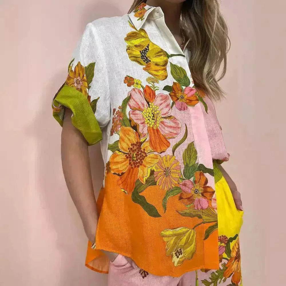 Printed Cotton And Linen Two-piece Suit Outfit Top Wide-leg Pants - EX-STOCK Canada