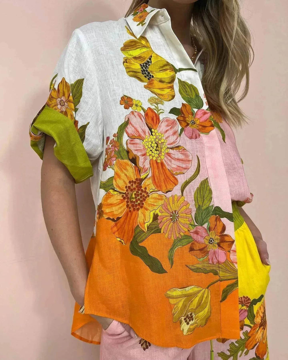 Printed Cotton And Linen Two-piece Suit Outfit Top Wide-leg Pants - EX-STOCK Canada