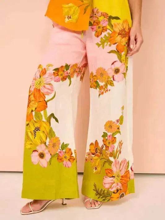 Printed Cotton And Linen Two-piece Suit Outfit Top Wide-leg Pants - EX-STOCK Canada