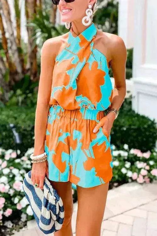 Printed Lace Up Backless Top Pocket Shorts Two-piece Suit For Women - EX-STOCK Canada