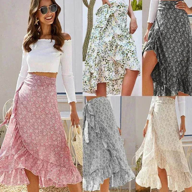 Printed Lace Up Split Expansion Midi Floral Skirt With Lining - EX-STOCK Canada