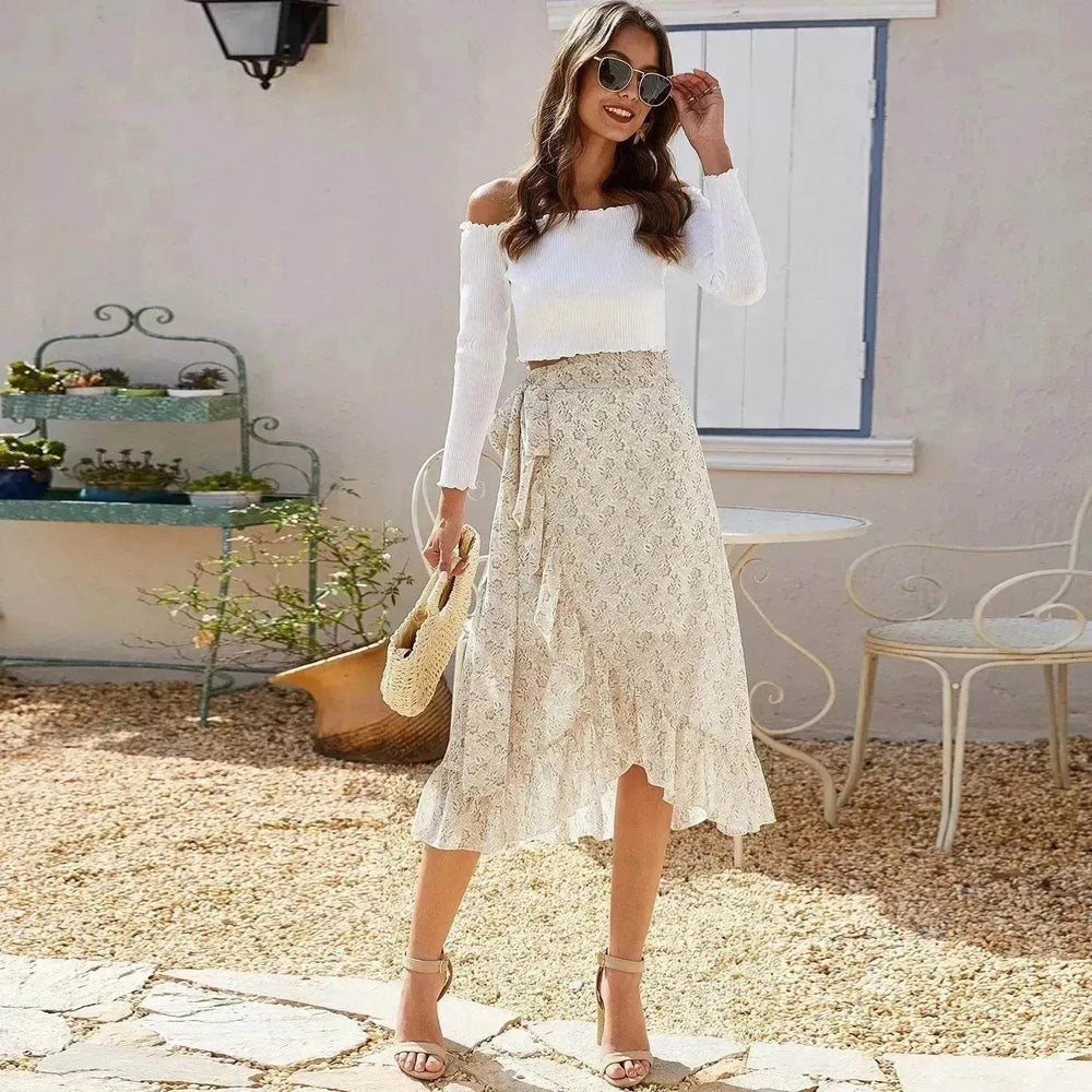 Printed Lace Up Split Expansion Midi Floral Skirt With Lining - EX-STOCK Canada