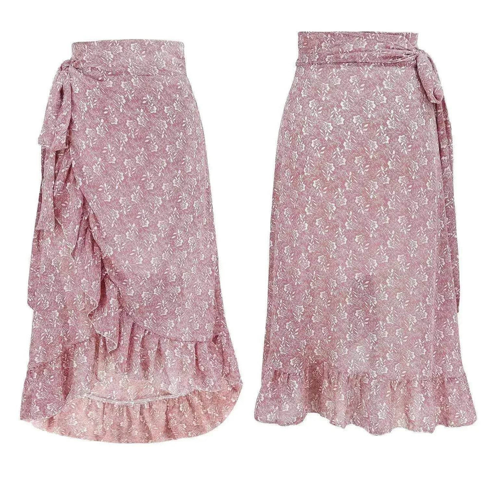 Printed Lace Up Split Expansion Midi Floral Skirt With Lining - EX-STOCK Canada