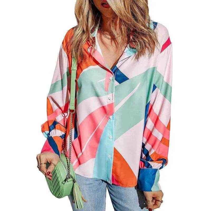 Printing Color Contrast Thin Long-sleeved Top For Women - EX-STOCK Canada