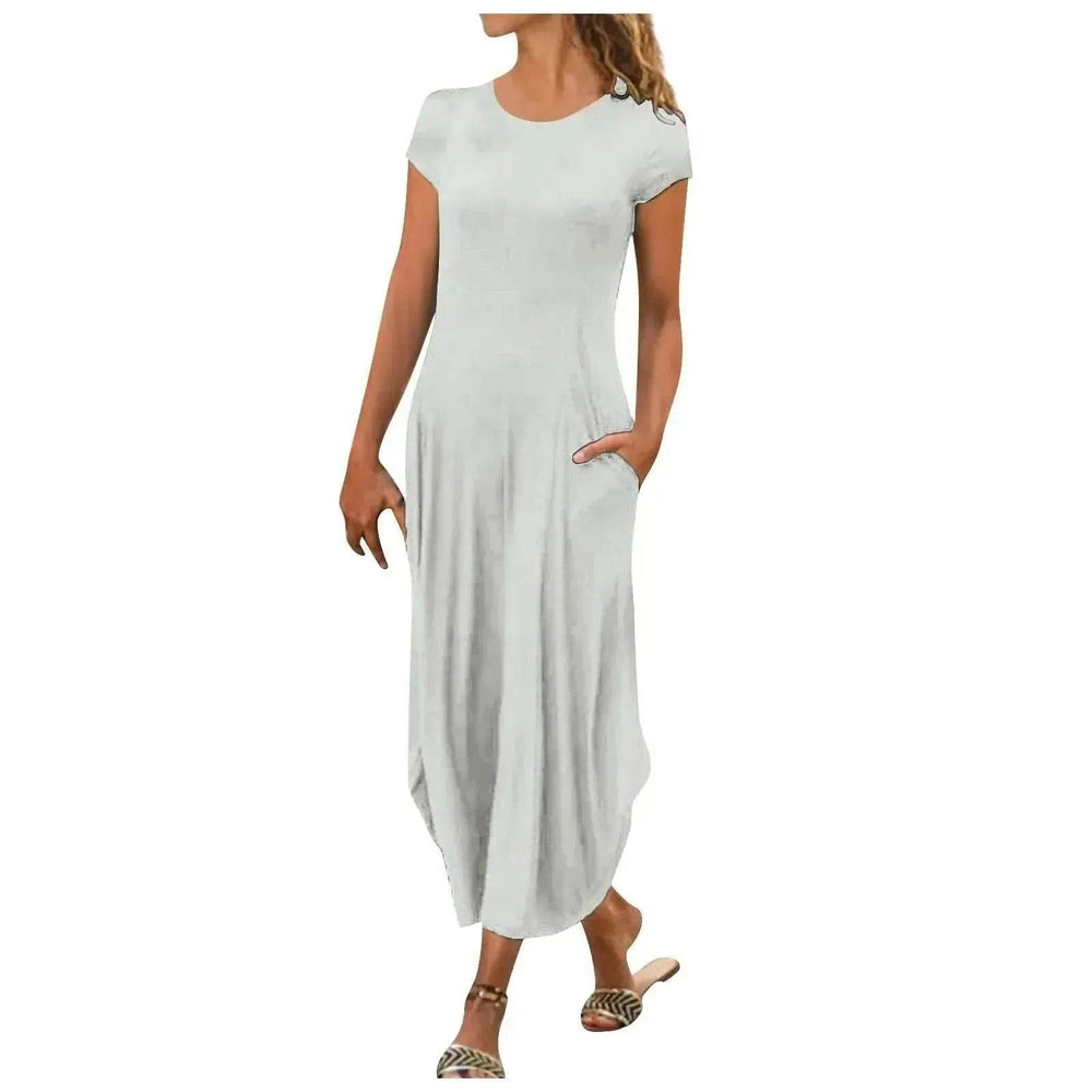 Pullover Short Sleeve Round Neck Mid Waist Solid Color Dress - EX-STOCK Canada