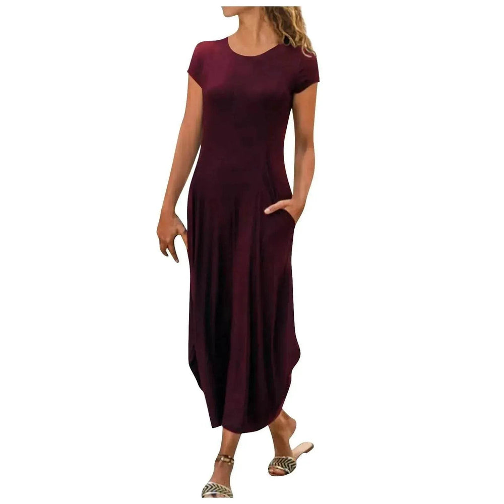 Pullover Short Sleeve Round Neck Mid Waist Solid Color Dress - EX-STOCK Canada