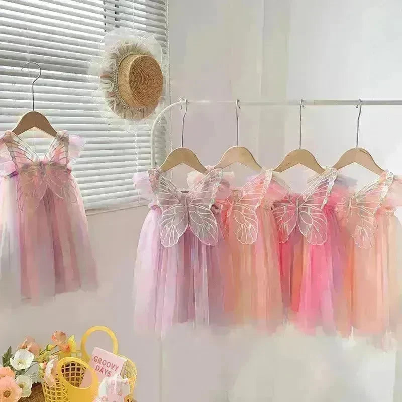 Rainbow Butterfly Wings Mesh Girl Dress - EX-STOCK CANADA