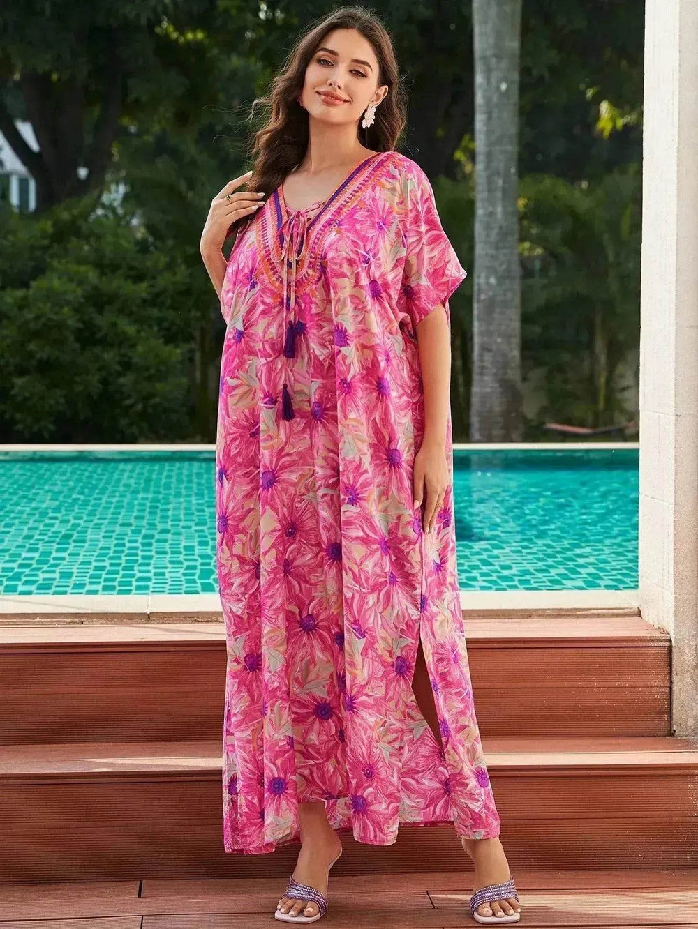 Rayon Rose Red Embroidered Beach Dress Outer Wear - EX-STOCK Canada