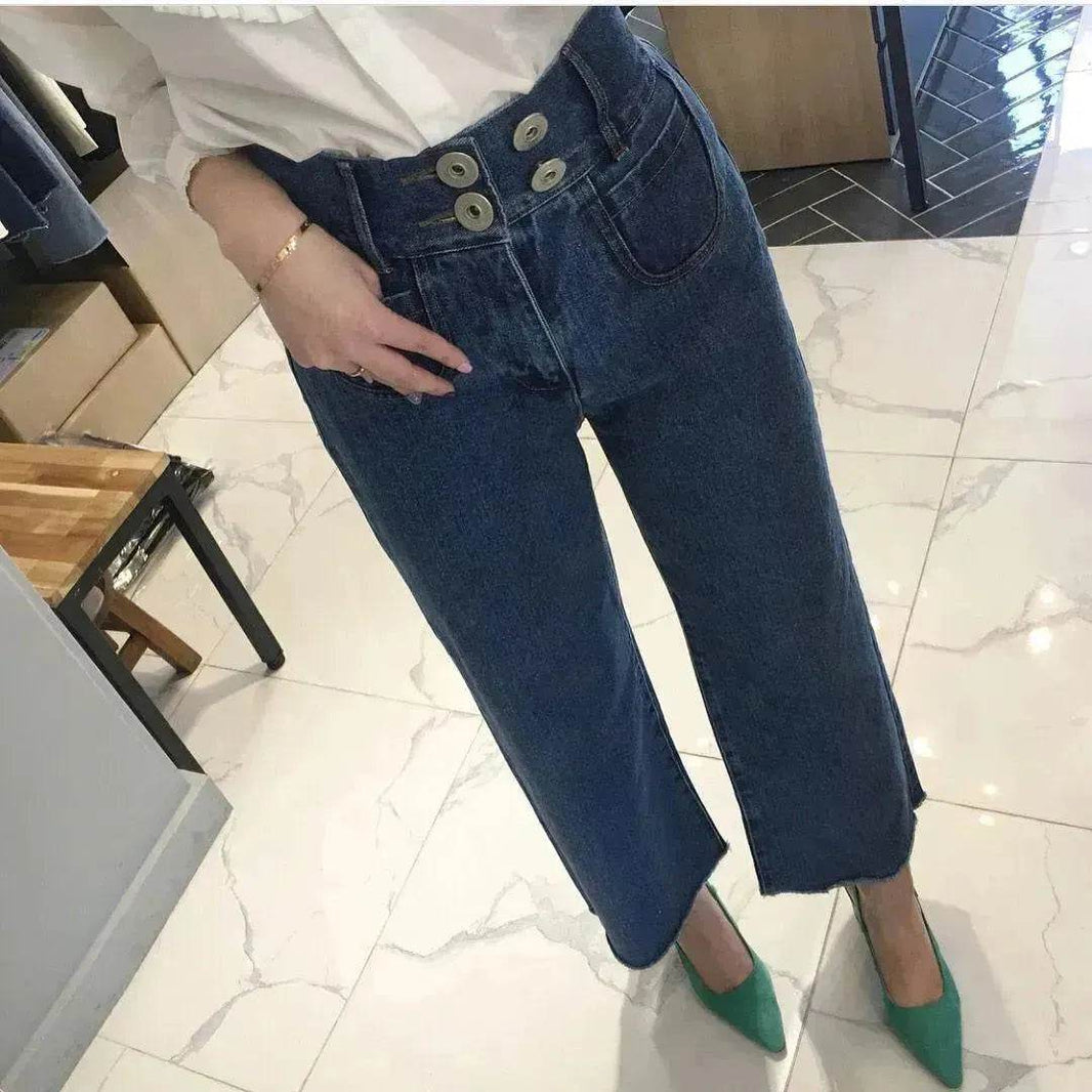 Retro High Waist Wash Double Breasted Pocket Loose Slimming And Wide Leg Denim Trousers For Women - EX-STOCK Canada