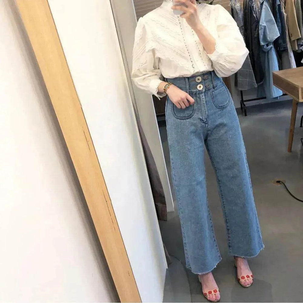 Retro High Waist Wash Double Breasted Pocket Loose Slimming And Wide Leg Denim Trousers For Women - EX-STOCK Canada