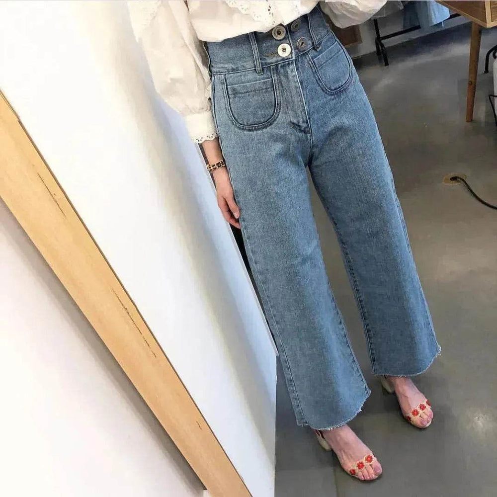 Retro High Waist Wash Double Breasted Pocket Loose Slimming And Wide Leg Denim Trousers For Women - EX-STOCK Canada