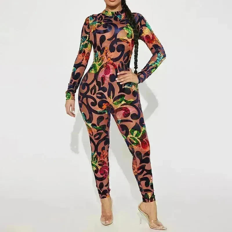 Retro Printed High Elastic Skinny Mesh Jumpsuit - EX-STOCK CANADA