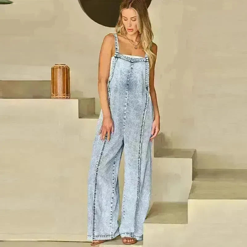 Retro Washed Raw Hem Wide Legs Jumpsuit For Women - EX-STOCK CANADA