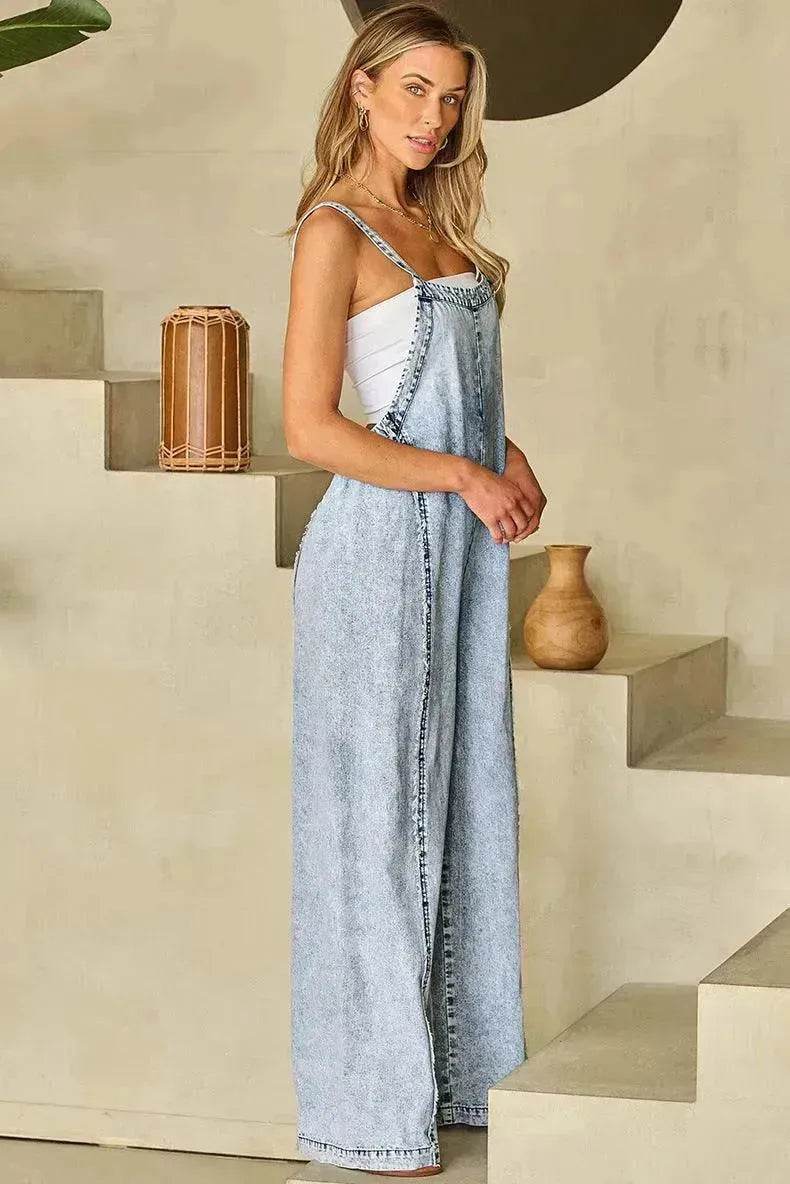 Retro Washed Raw Hem Wide Legs Jumpsuit For Women - EX-STOCK Canada