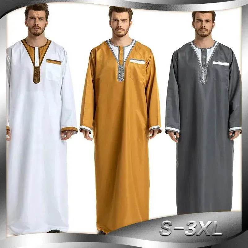 Fashionable and Elegant Round Neck Stitching Long-Sleeved Arab Hui Robe Male Moroccan Men's Jalabiya - EX-STOCK Canada