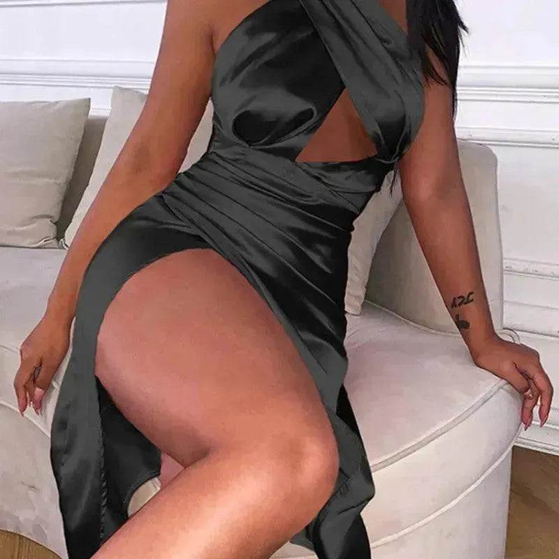 Satin Halter Cross Backless Split Dress - EX-STOCK Canada