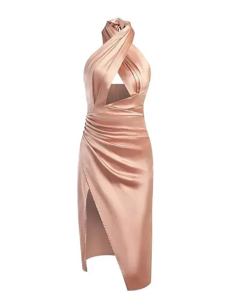 Satin Halter Cross Backless Split Dress - EX-STOCK Canada