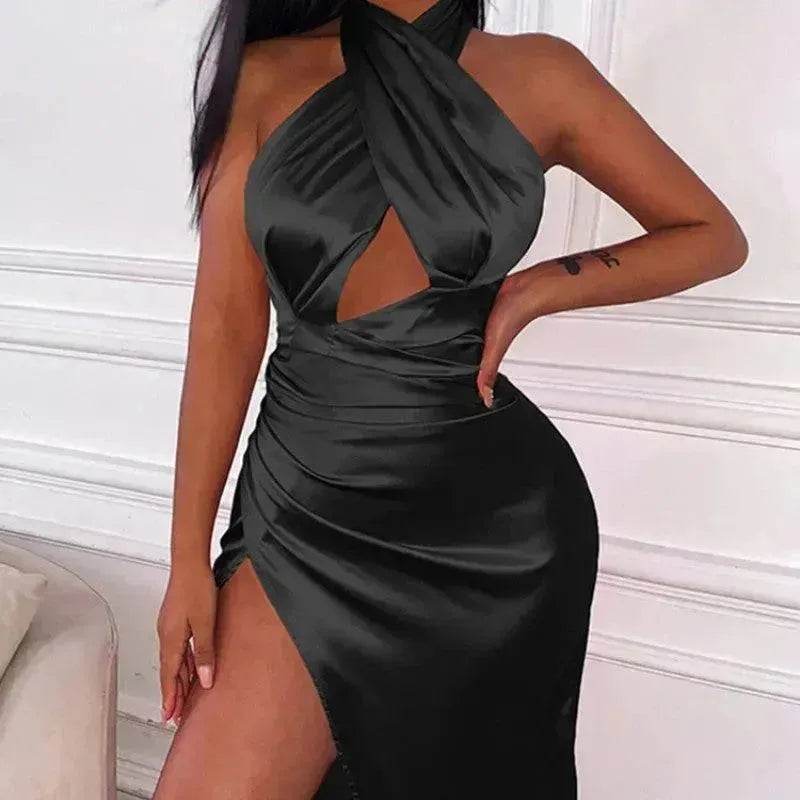 Satin Halter Cross Backless Split Dress - EX-STOCK Canada