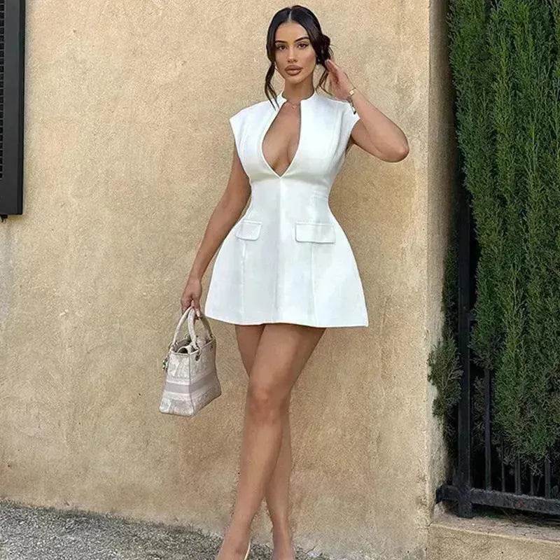 Charming Deep V-neck A-line Mini Dress Summer Fashion French Style Slimming Short Dresses Cardigan Temperament Dress Skirt Hot Girl - EX-STOCK Canada