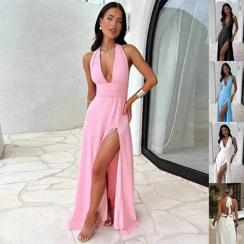 Charming Halterneck V-neck Slit Dress Summer Backless Strappy Skirt Fashion Temperament Clothing Women - EX-STOCK Canada