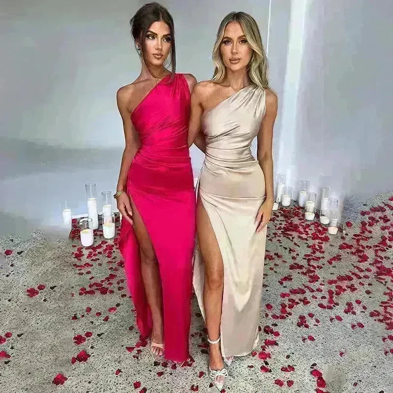 Sexy One-shoulder Backless Split Dress Summer Elegant Slim-fit Solid Color Satin Dresses For Women - EX-STOCK CANADA