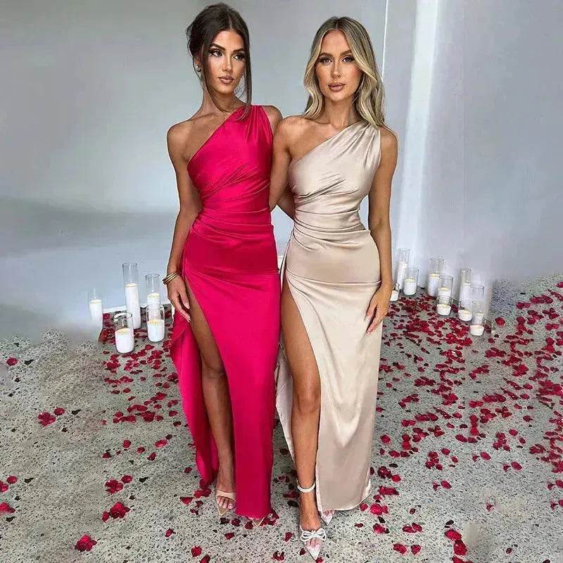 Charming One-shoulder Backless Split Dress Summer Elegant Slim-fit Solid Color Satin Dresses For Women - EX-STOCK Canada