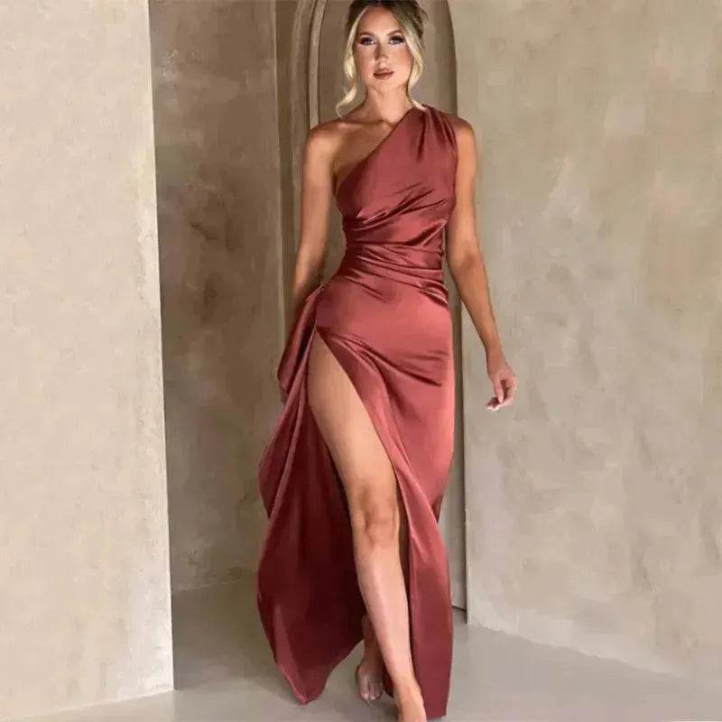 Charming One-shoulder Backless Split Dress Summer Elegant Slim-fit Solid Color Satin Dresses For Women - EX-STOCK Canada