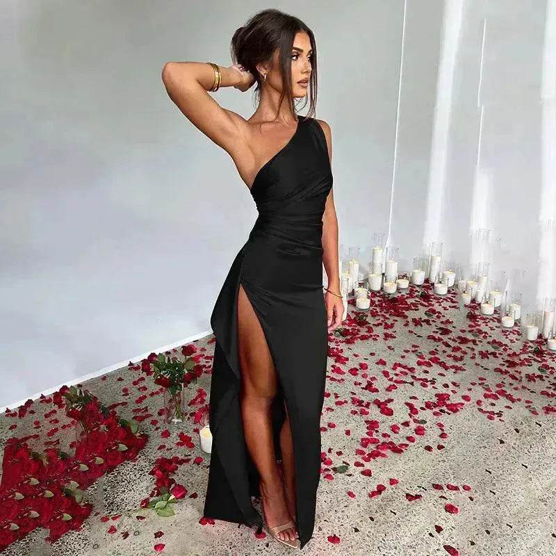 Charming One-shoulder Backless Split Dress Summer Elegant Slim-fit Solid Color Satin Dresses For Women - EX-STOCK Canada