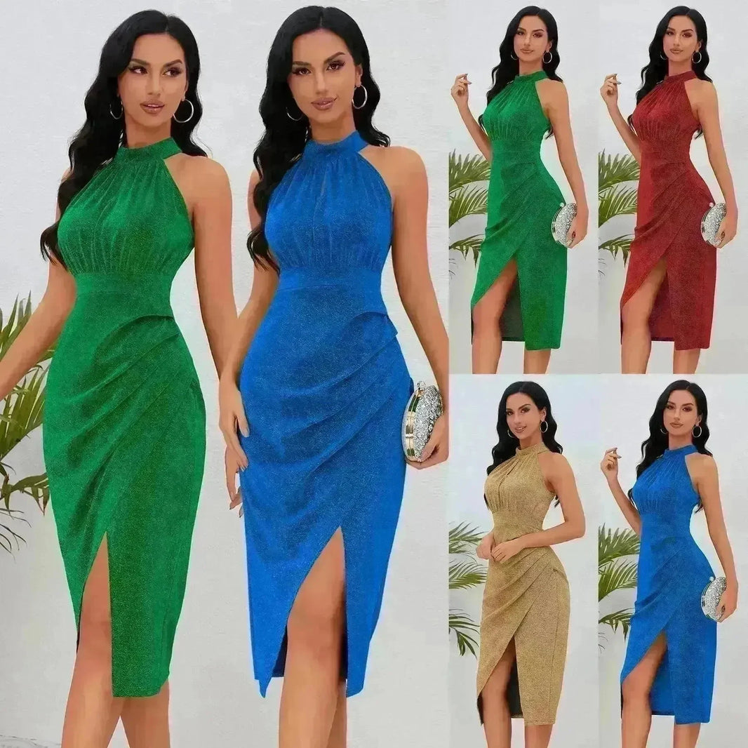 Shiny Stand Collar Formal Dress Slim Fit Sexy Slit Irregular Dress - EX-STOCK CANADA