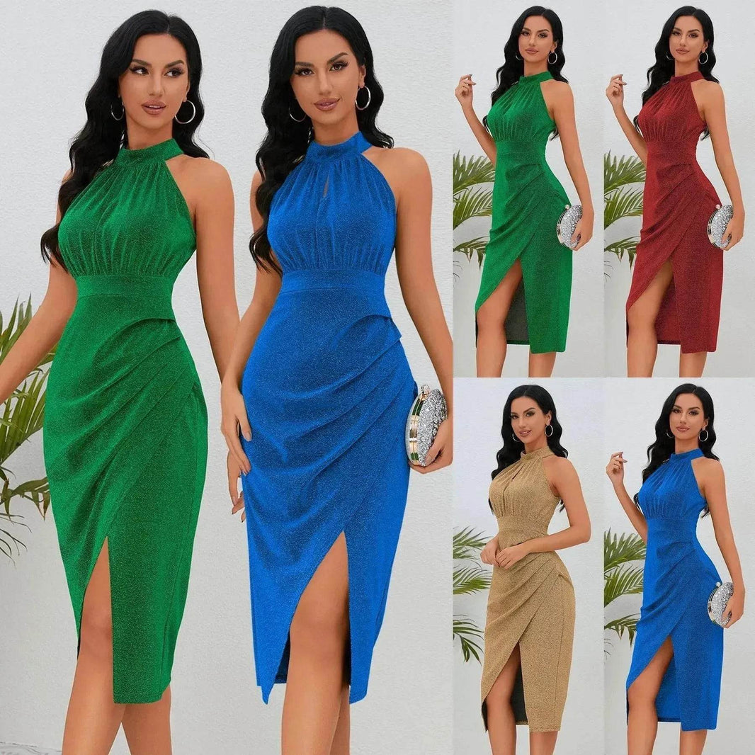 Shiny Stand Collar Formal Dress Slim Fit Charming Slit Irregular Dress - EX-STOCK Canada