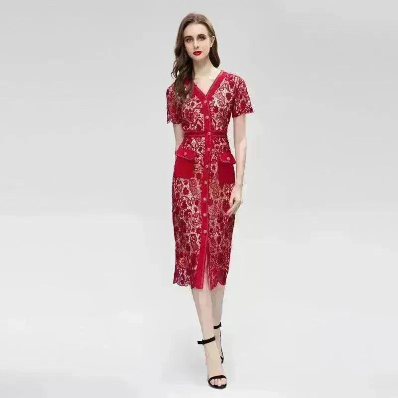 Small V-neck Metal Single-breasted Water Soluble Slim Fit Dress - EX-STOCK CANADA