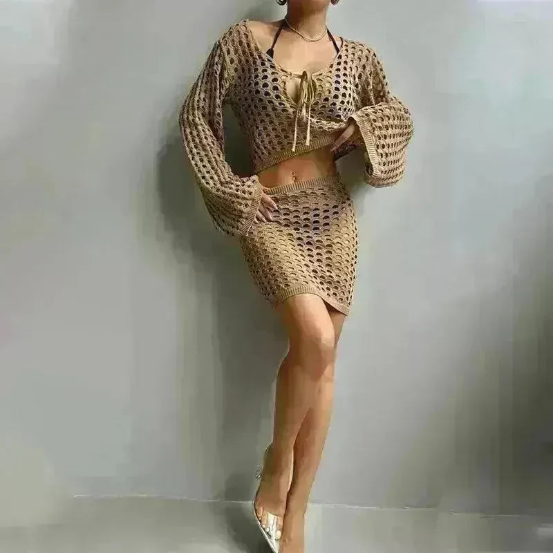 Solid Color Knitted Stand-up Collar Bikini Swimsuit Blouse Suit - EX-STOCK CANADA