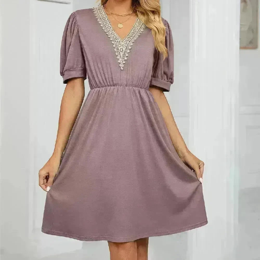 Solid Color Lace V-neck Patchwork Short Sleeve Pocket Waist Dress - EX-STOCK CANADA