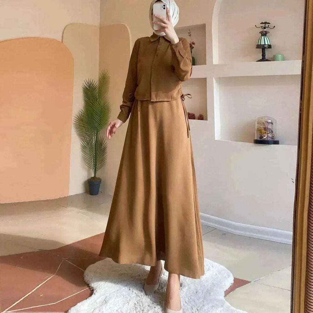 Solid Color Long Sleeve Skirt Suit for Elegant Arab Dubai Turkey Middle Eastern Women Abaya Dress - EX-STOCK Canada