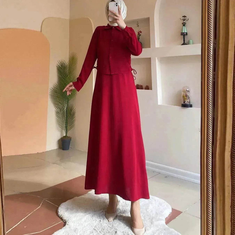 Solid Color Long Sleeve Skirt Suit for Elegant Arab Dubai Turkey Middle Eastern Women Abaya Dress - EX-STOCK Canada