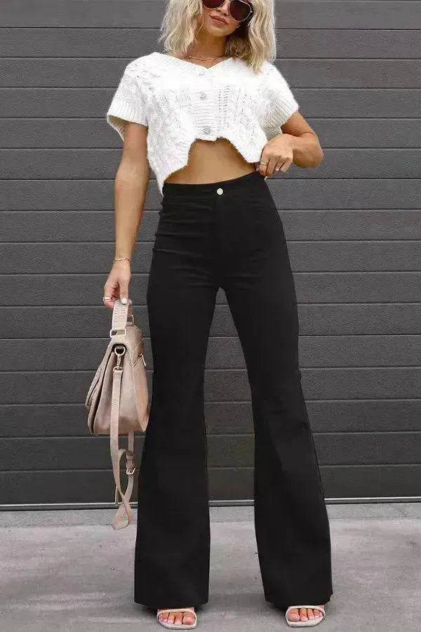 Solid Color Mid-waist Slim-fit Micro Flared Pants Corduroy - EX-STOCK Canada