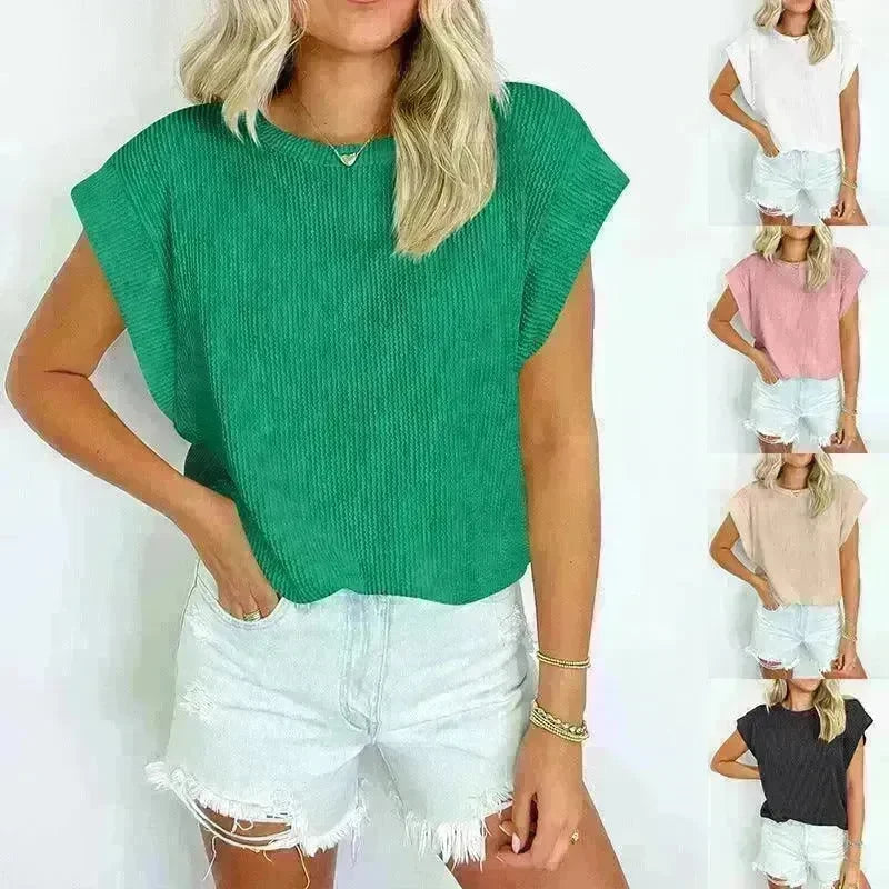 Solid Color Stripe Bat-sleeve T-shirt Summer Casual Loose Vest Tank Tops for Women. - EX-STOCK CANADA