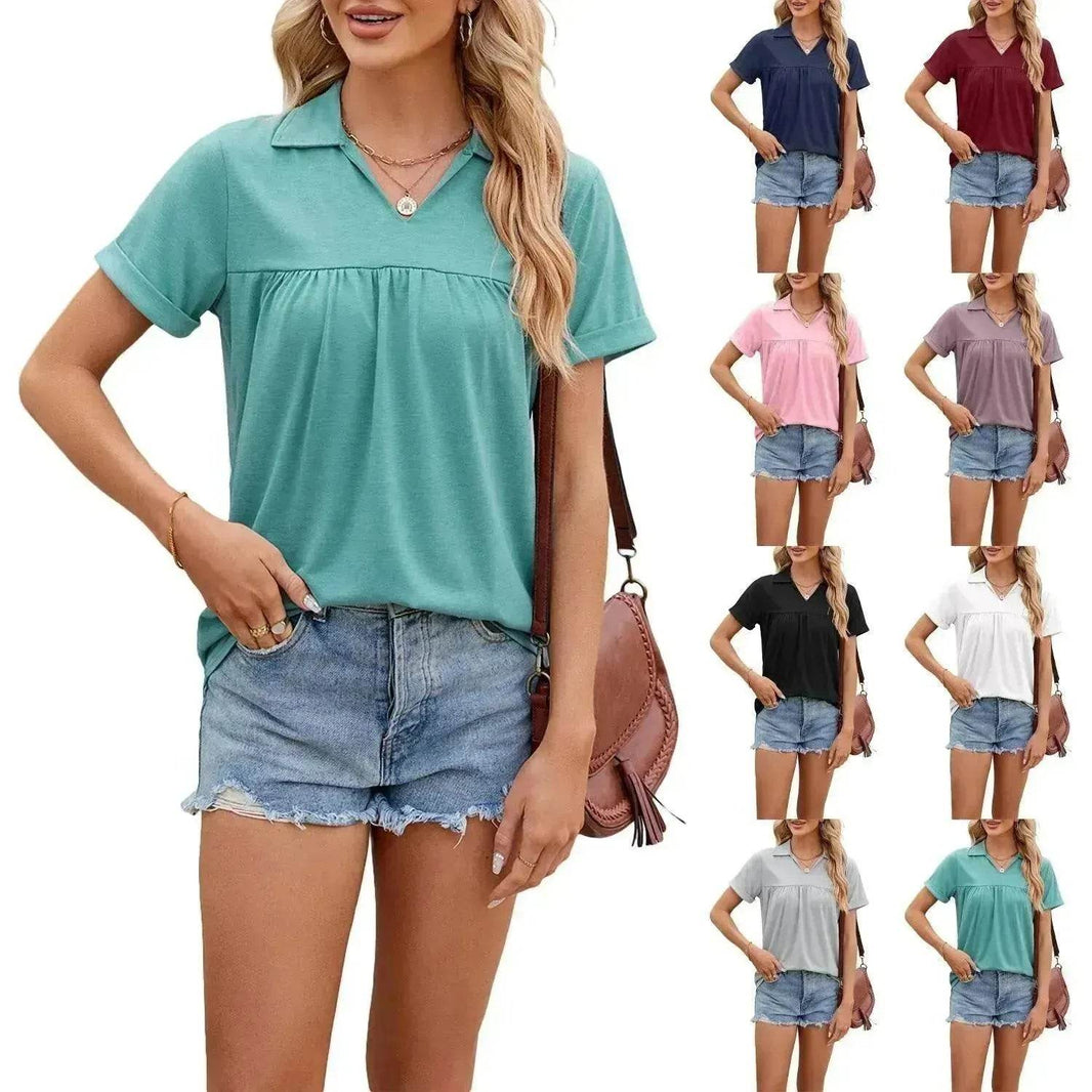 Solid Color V-neck Lapel Short-sleeved Cotton Summer Loose polo shirt Top Women - EX-STOCK Canada